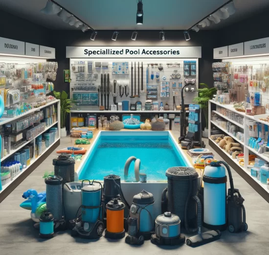 image graphique représentant un magasin spécialisé en accessoires de piscine. Le magasin est bien organisé, affichant une large gamme d'accessoires de piscine, y compris des équipements de nettoyage comme des aspirateurs et des écumeurs de piscine, des systèmes de filtration, des produits chimiques, des articles de confort tels que des flotteurs et des chauffages de piscine, et des dispositifs de sécurité comme des couvertures de piscine et des alarmes. Le magasin a un aspect moderne et accueillant avec une signalisation claire et un personnel serviable prêt à aider les clients. La scène met en avant la variété et la qualité des produits disponibles dans un magasin spécialisé en accessoires de piscine.